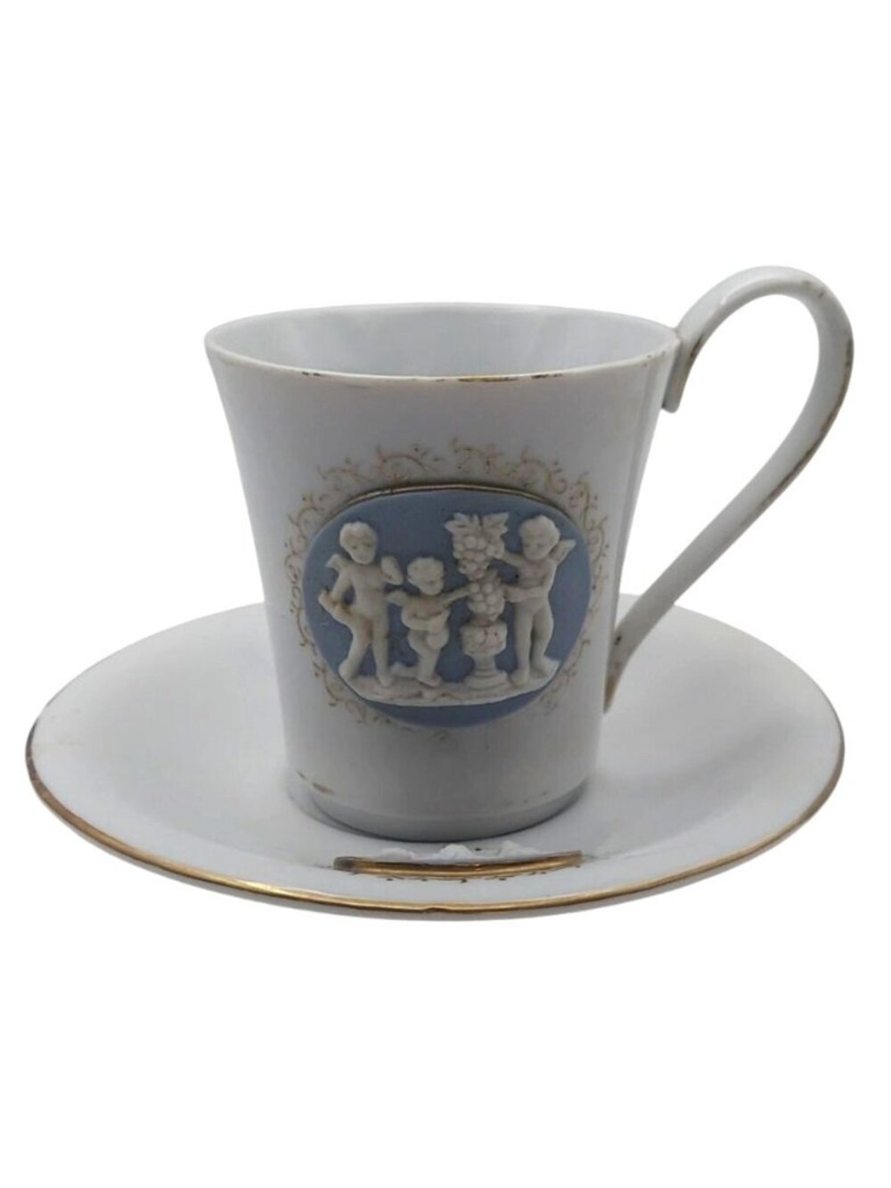 Vintage Candrea Porcelain Cherub Tea Cup & Saucer Japan Jasperware Gold Trim